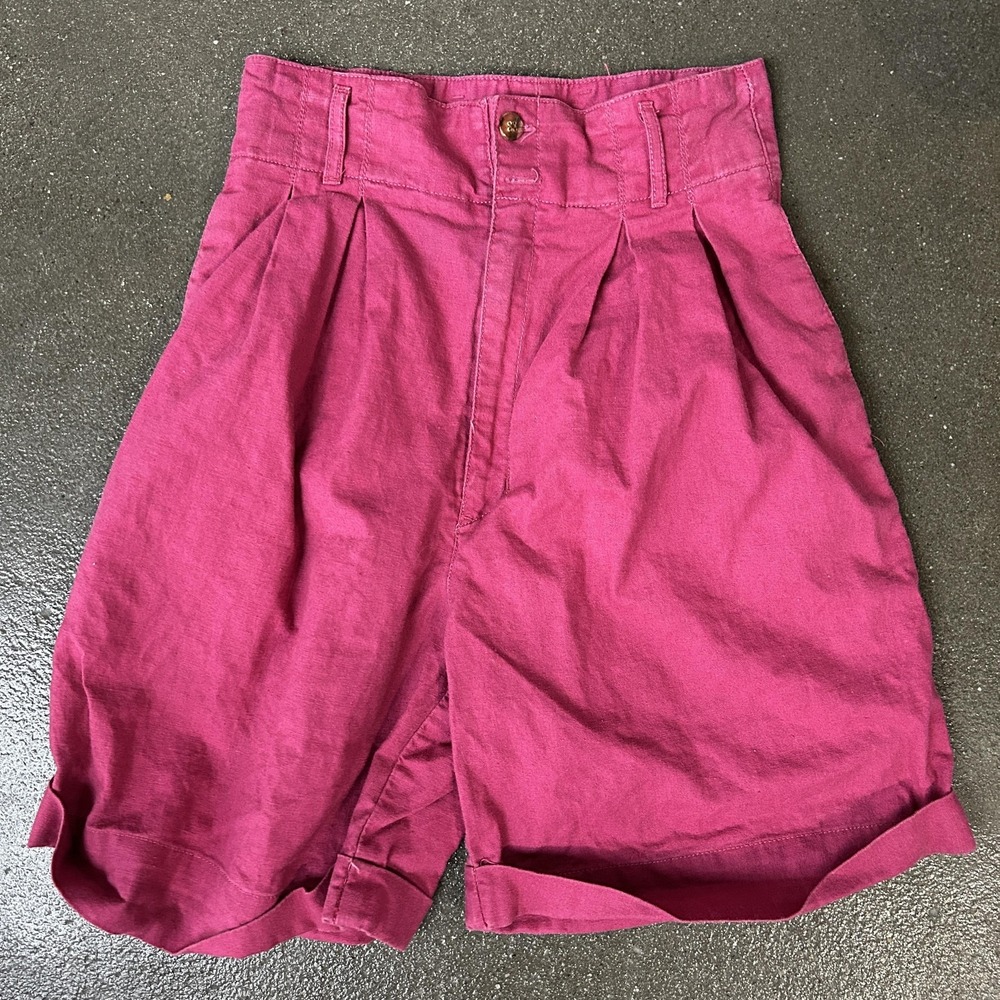 Tropicana Shorts Juniors 3/4 Pink Linen Cotton Pleated Bermuda Cuffed High Waist